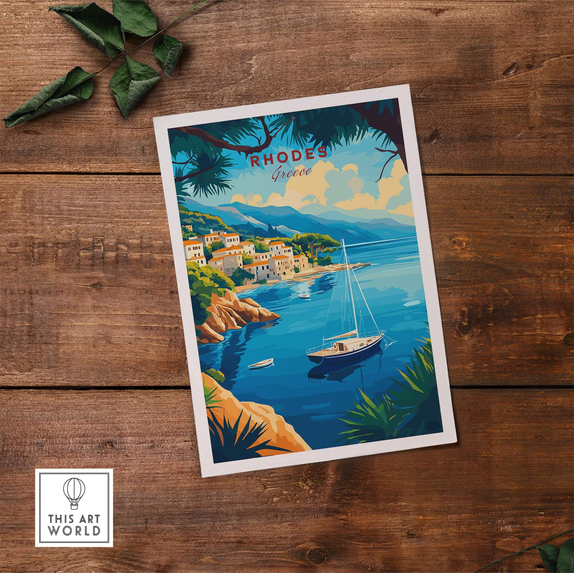 Rhodes Travel Print showcasing the beautiful coast of Rhodes, Greece with lush greenery and a peaceful boat scene.