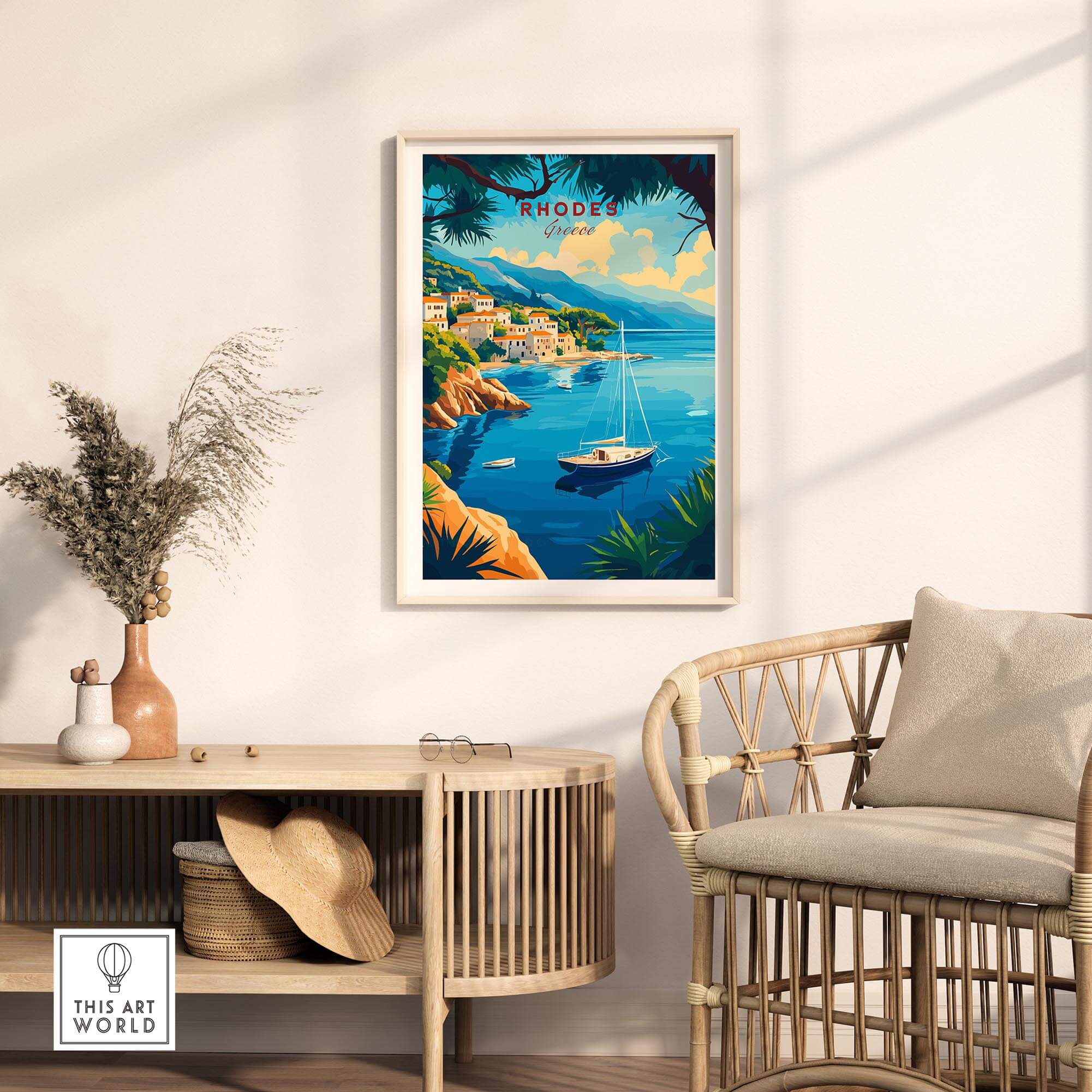 Rhodes Travel Print displayed in a living room setting, showcasing the beauty of a picturesque boat scene in Greece.
