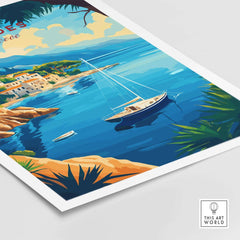 Rhodes Travel Print showcasing a serene coastal scene with a boat and vivid blue waters of Greece.