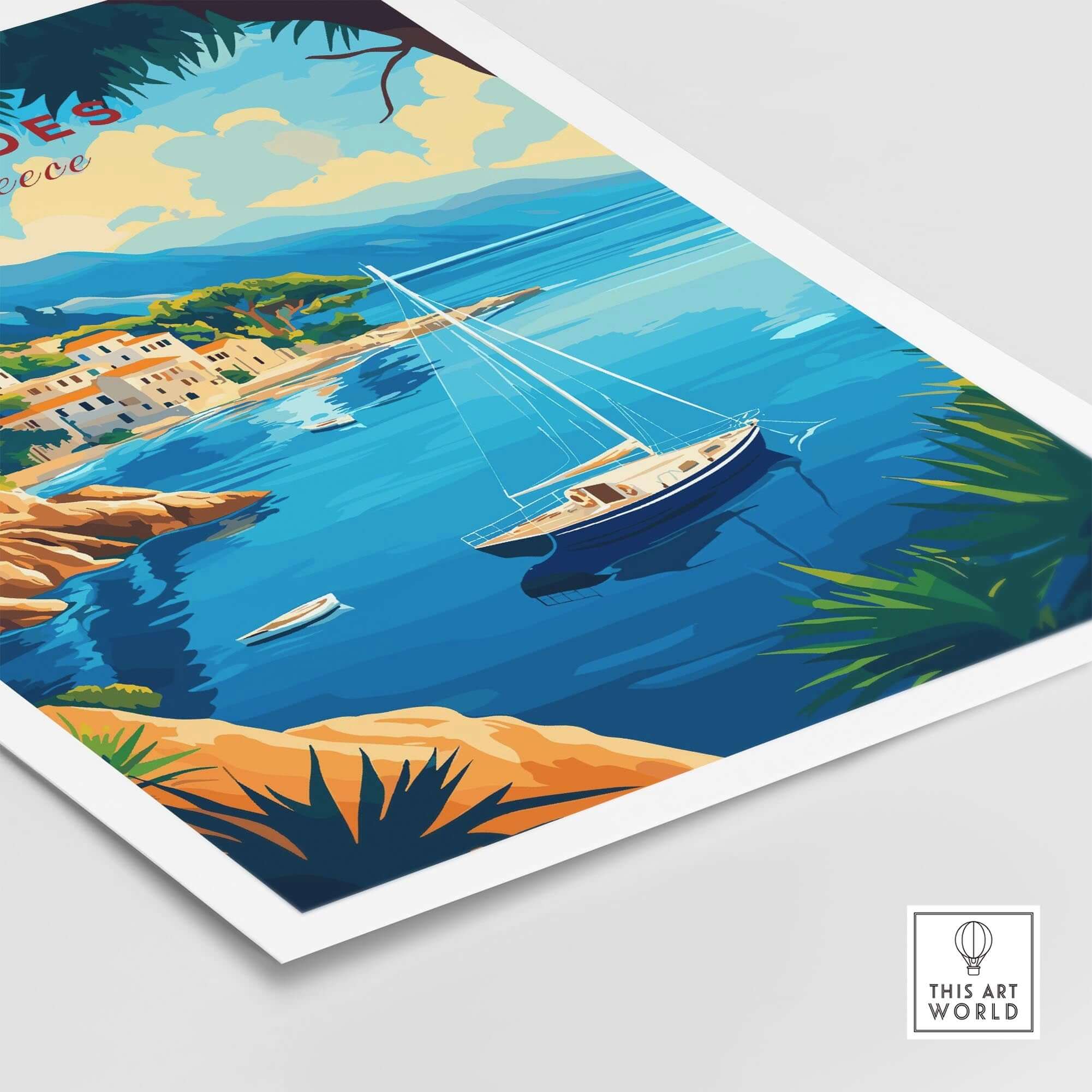 Rhodes Travel Print showcasing a serene coastal scene with a boat and vivid blue waters of Greece.