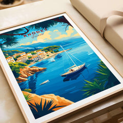 Rhodes Travel Print showcasing a scenic view of Rhodes, Greece with a sailboat on calm waters.