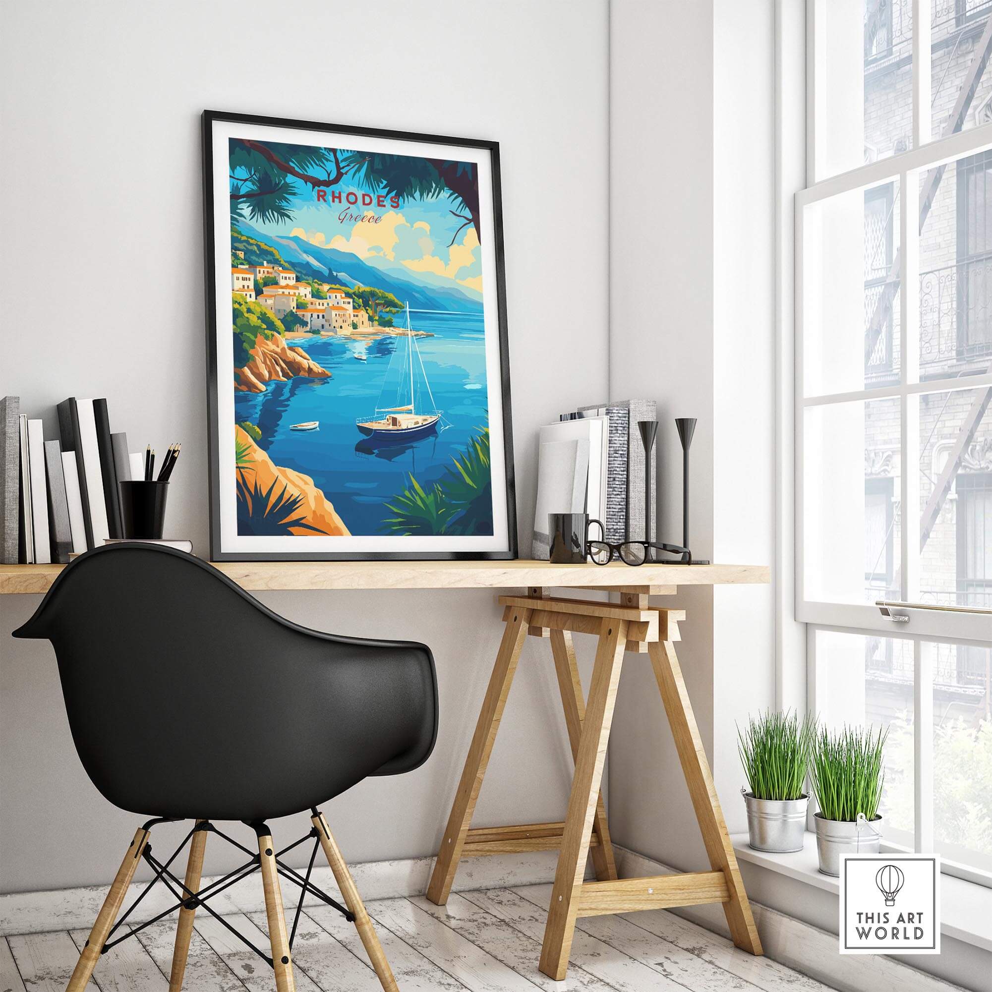 Rhodes Travel Print displayed in a stylish workspace, capturing the beauty of Greece's picturesque coast.