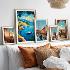 Rhodes Travel Print showcased among other travel art prints in a stylish bedroom setting with elegant decor.