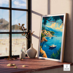 Rhodes Travel Print showcasing the scenic beauty of Rhodes island with vibrant colors and a serene coastal view.