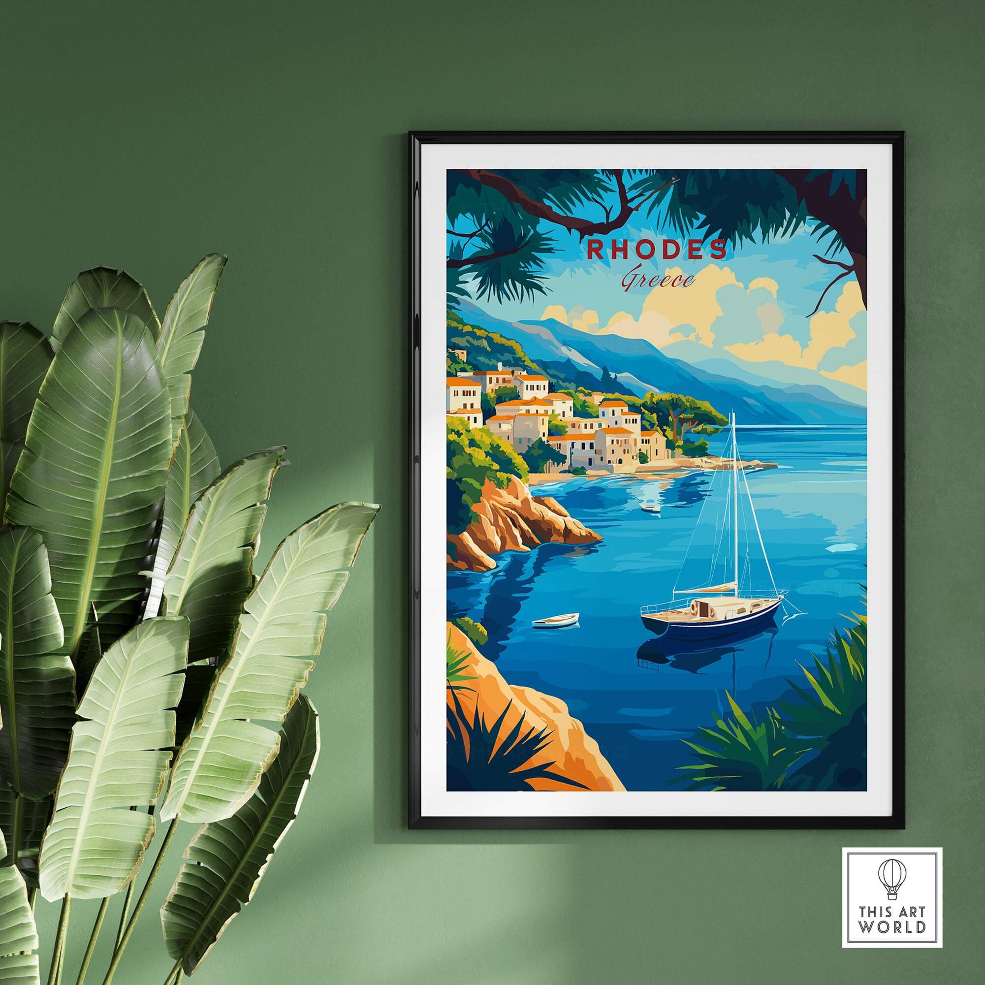 Rhodes Travel Print showcasing beautiful Greek coastline and a sailboat on a picturesque day.