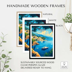 Rhodes Travel Print framed in handmade wooden frames available in natural, white, and black finishes.