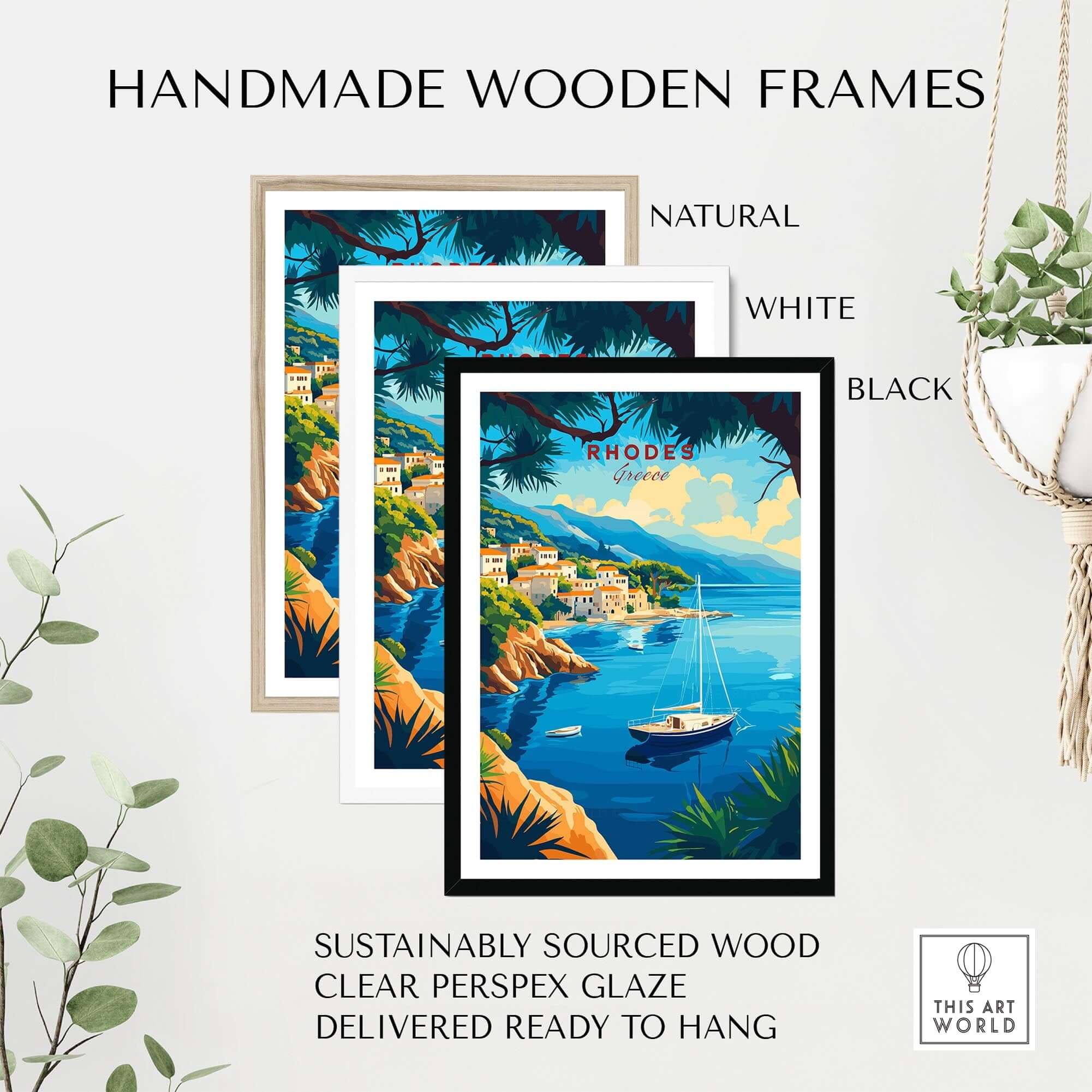 Rhodes Travel Print framed in handmade wooden frames available in natural, white, and black finishes.