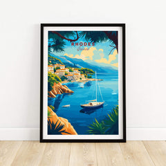 Rhodes Travel Print showcasing a beautiful coastal scene of Rhodes, Greece with a sailboat and charming village.
