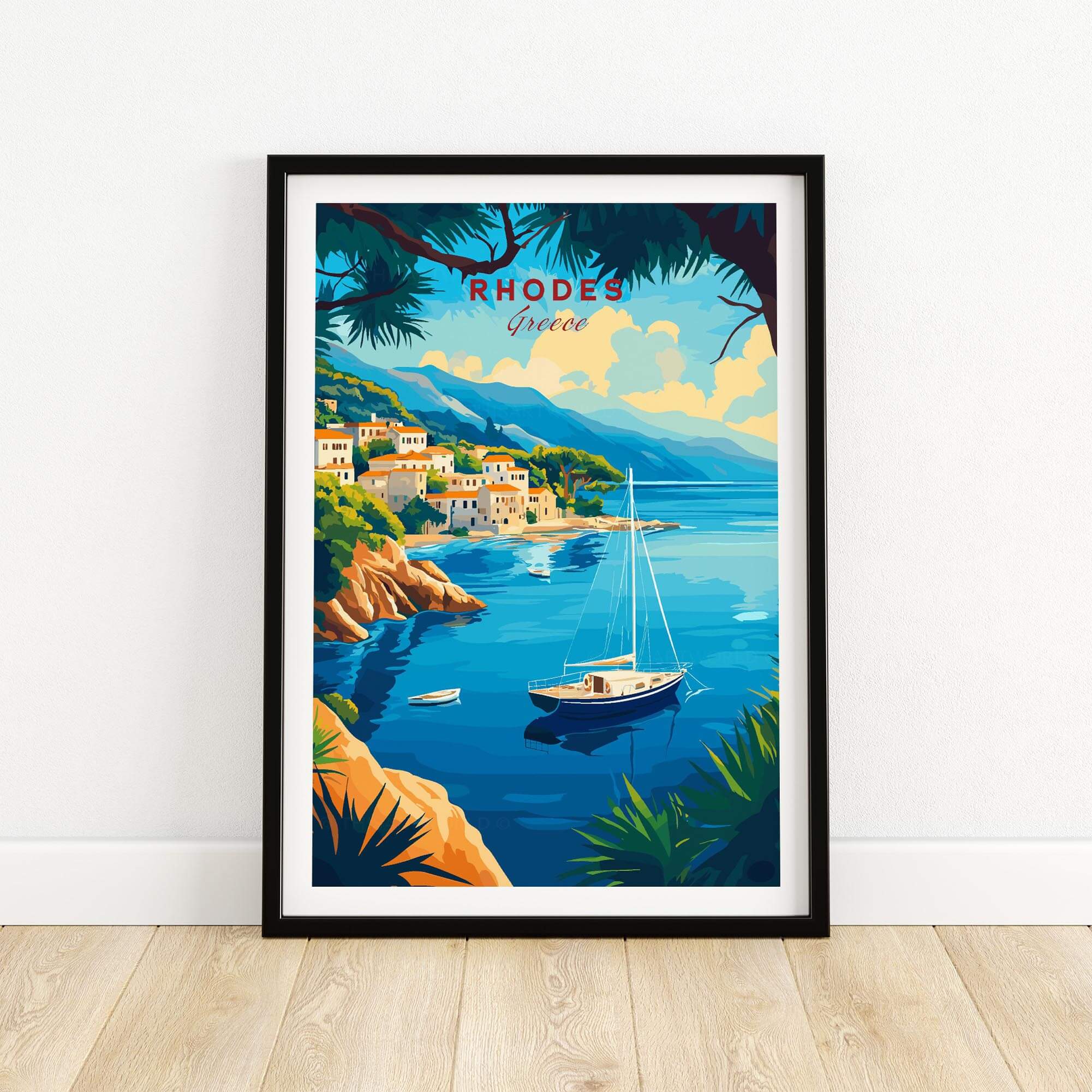 Rhodes Travel Print showcasing a beautiful coastal scene of Rhodes, Greece with a sailboat and charming village.