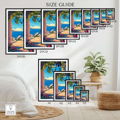 Rhodes Wall Art Print size guide showcasing various frame sizes and wall placement options for elegant home decor.