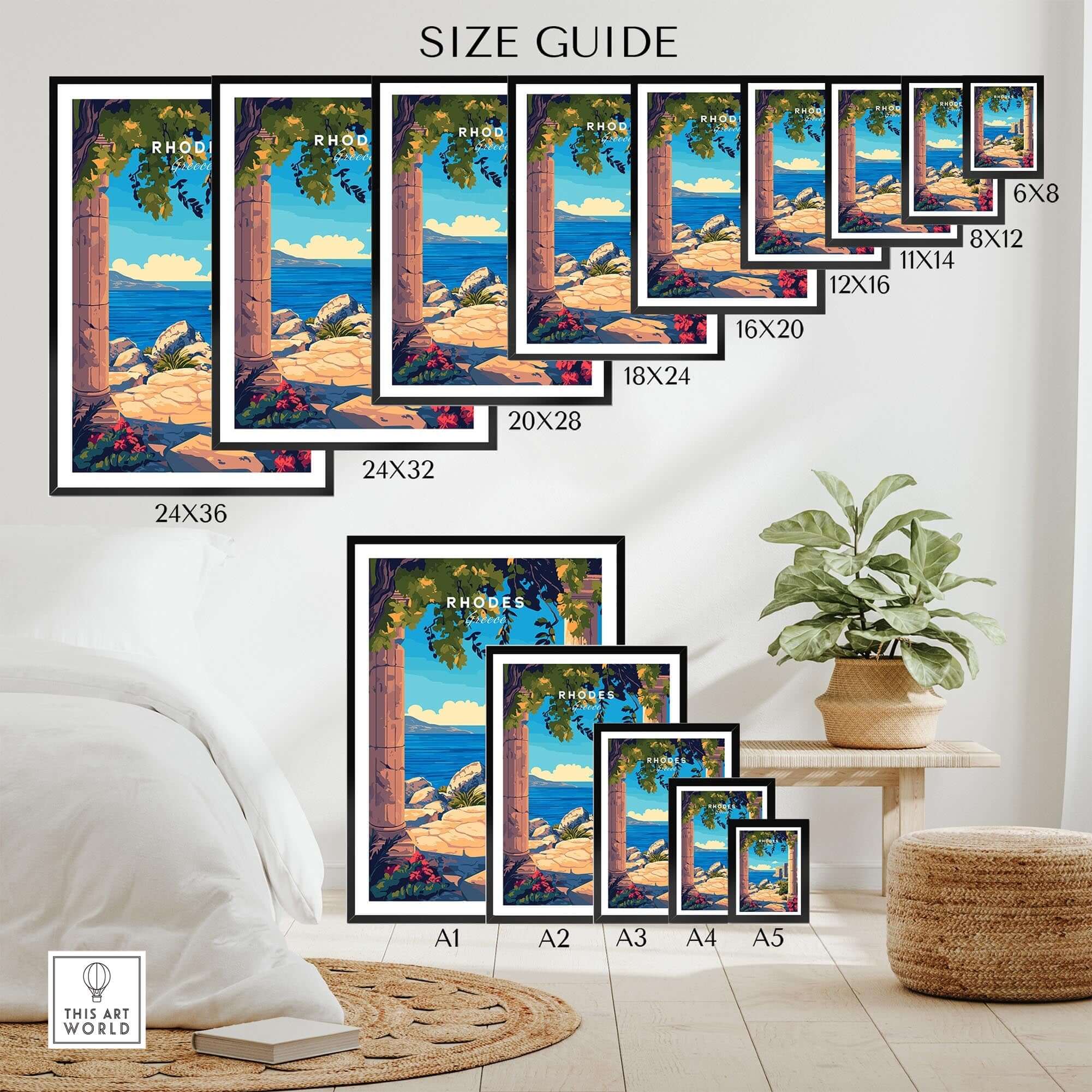 Rhodes Wall Art Print size guide showcasing various frame sizes and wall placement options for elegant home decor.