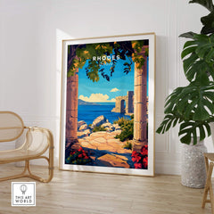 Rhodes Wall Art Print featuring vibrant coastal scenery and ancient architecture in a stylish living space.