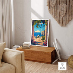 Rhodes Wall Art Print displayed in a cozy living room, enhancing decor with vibrant colors and stunning details.