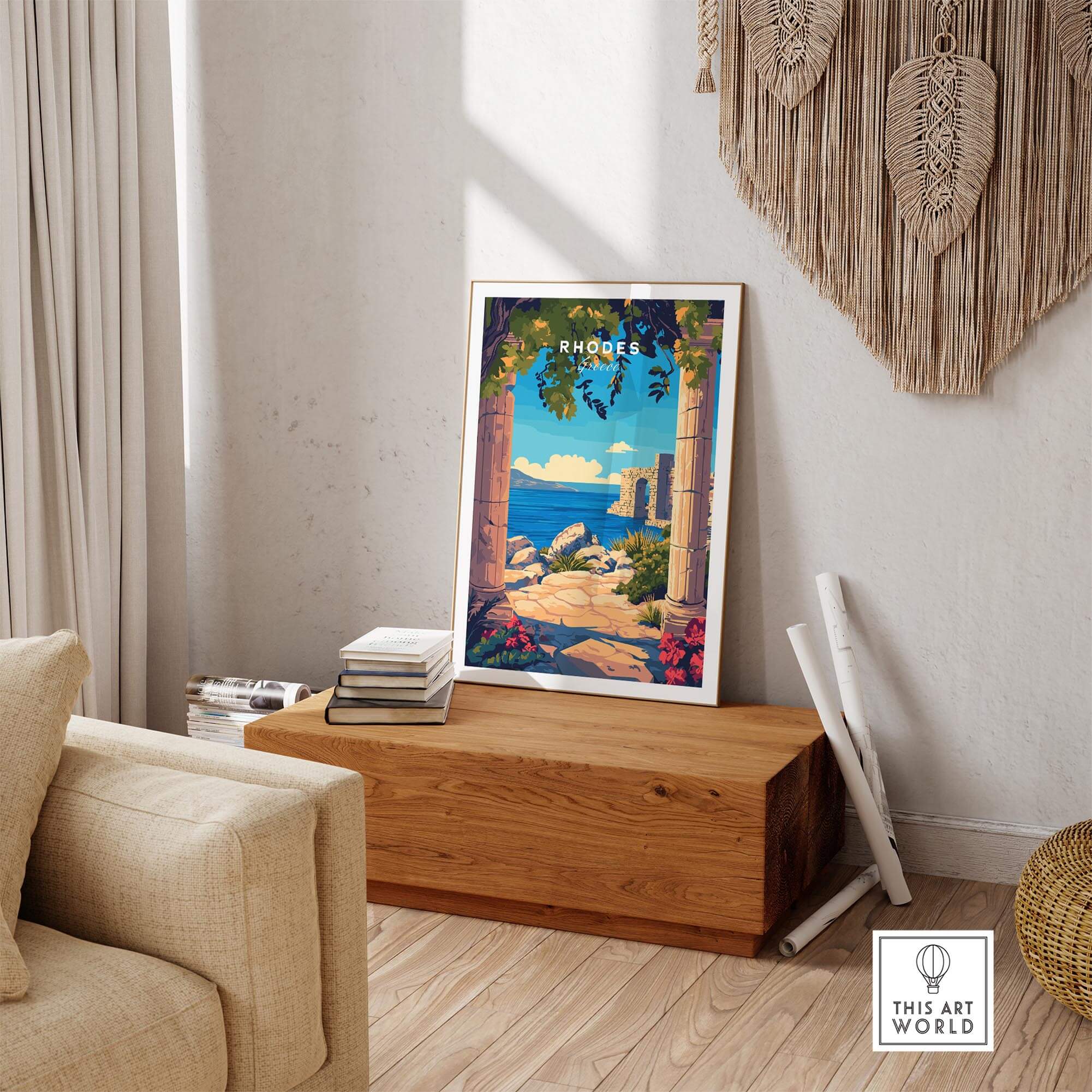 Rhodes Wall Art Print displayed in a cozy living room, enhancing decor with vibrant colors and stunning details.