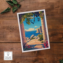 Rhodes Wall Art Print featuring a vibrant landscape and ancient ruins design, perfect for home decor.