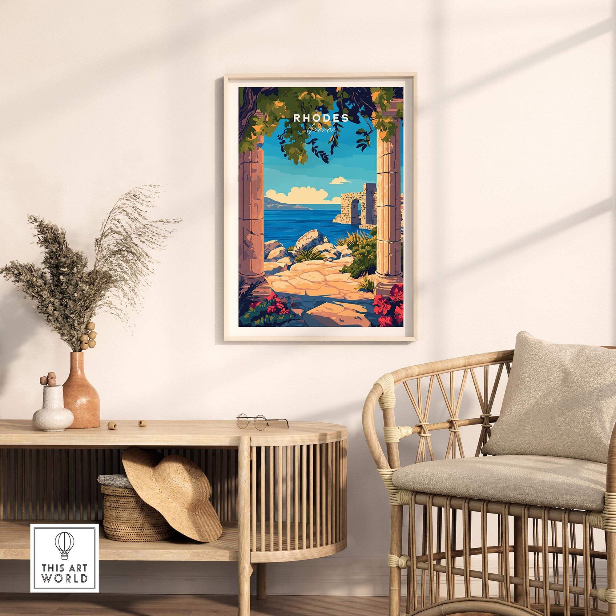 Rhodes Wall Art Print featuring a picturesque view of the sea and coastal architecture.