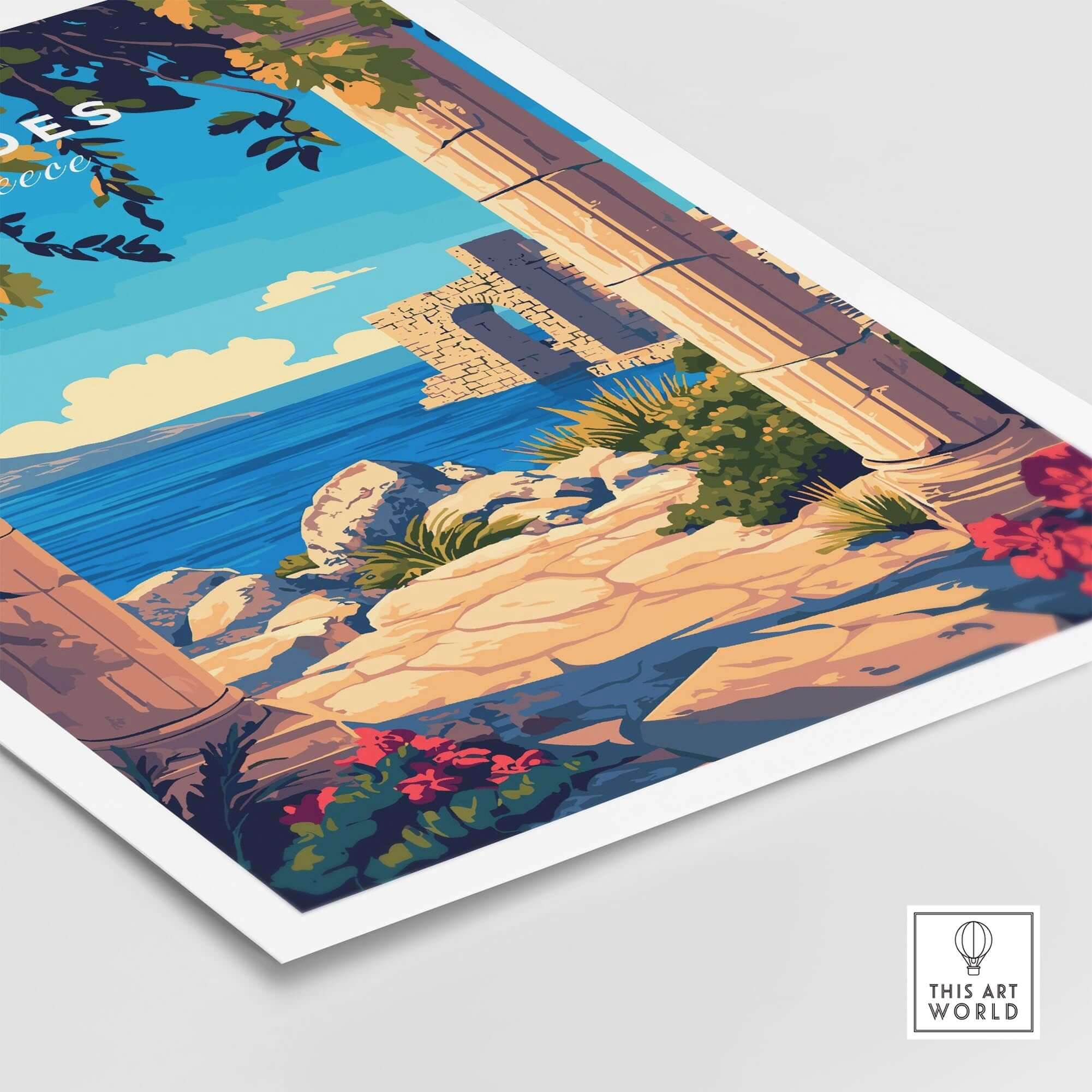 Rhodes Wall Art Print showcasing a scenic view of the coast and ancient columns with vibrant colors and intricate details.