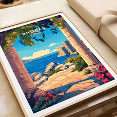 Rhodes Wall Art Print featuring a coastal landscape with vibrant colors and detailed design.