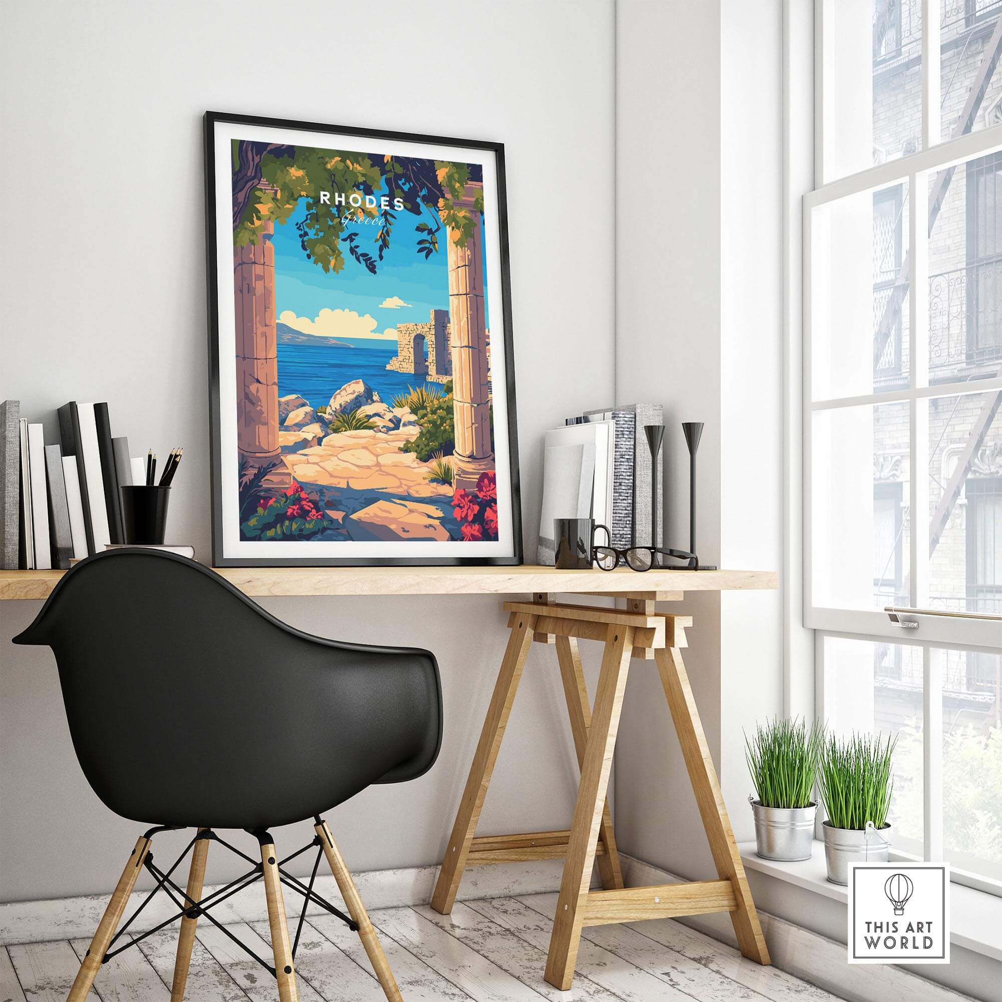 Rhodes Wall Art Print displayed in a modern office setting, enhancing the decor with its elegant design.