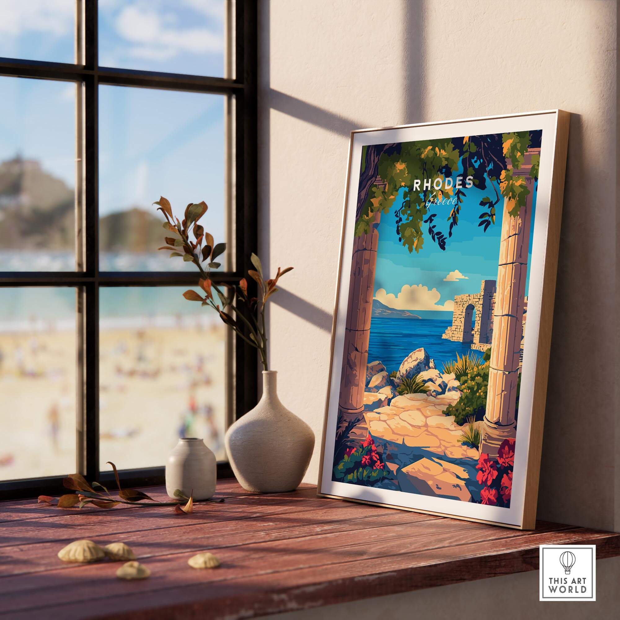 Rhodes Wall Art Print displayed in a bright room, showcasing its intricate design and vibrant colors.