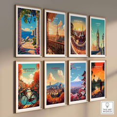 Rhodes Wall Art Print featuring a scenic view of Rhodes, Greece, among other global travel posters on display.