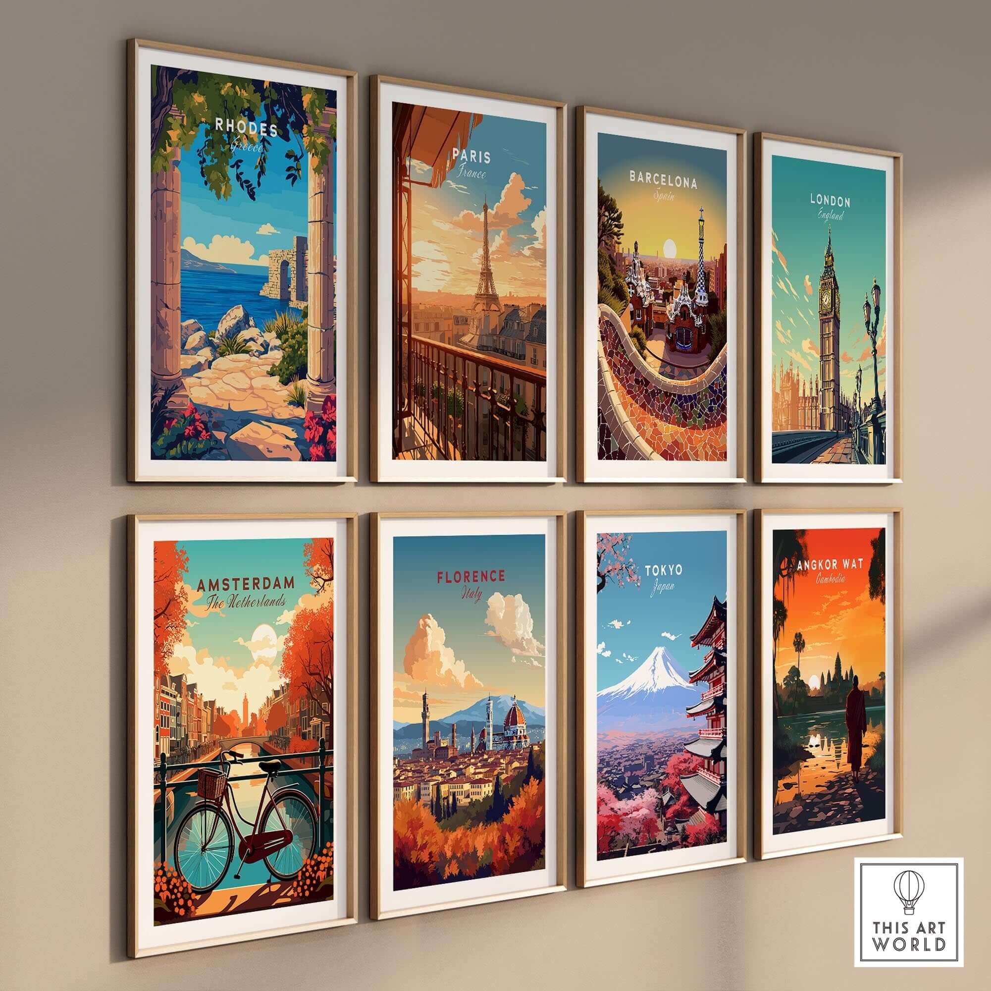 Rhodes Wall Art Print featuring a scenic view of Rhodes, Greece, among other global travel posters on display.