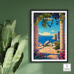 Rhodes Wall Art Print featuring coastal views and architectural details, perfect for enhancing home decor.