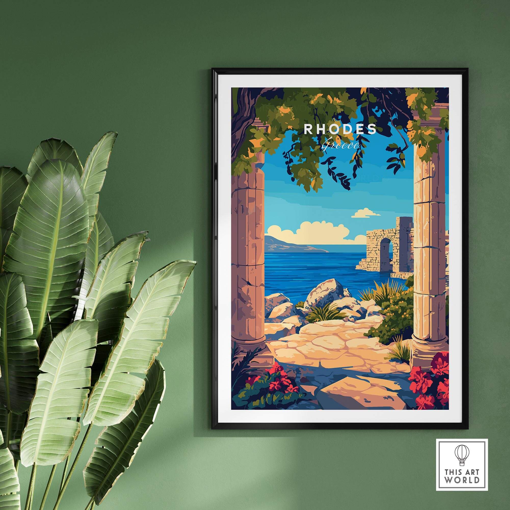 Rhodes Wall Art Print featuring coastal views and architectural details, perfect for enhancing home decor.