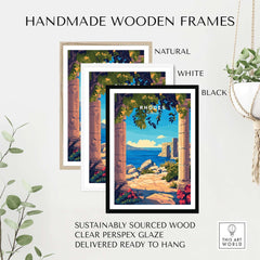 Handmade wooden frames for Rhodes Wall Art Print in natural, white, and black finishes, sustainably sourced wood, ready to hang.