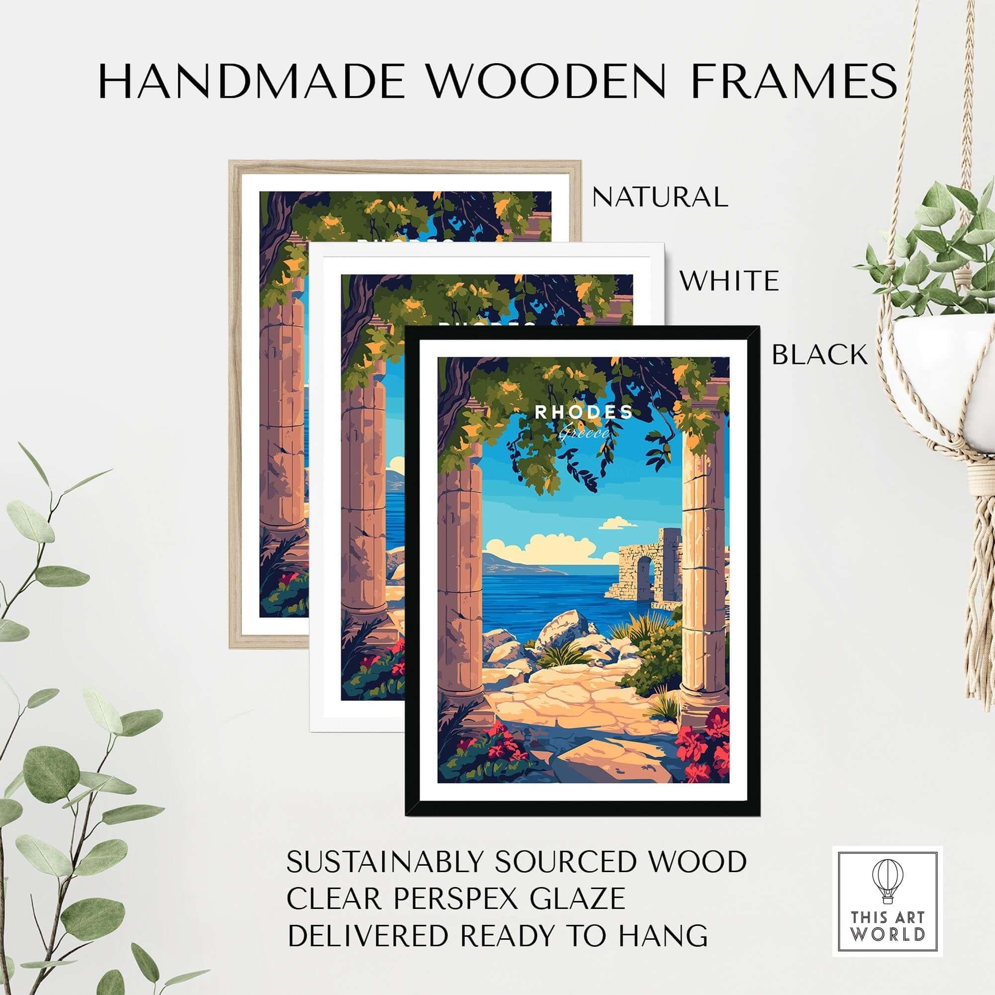 Handmade wooden frames for Rhodes Wall Art Print in natural, white, and black finishes, sustainably sourced wood, ready to hang.