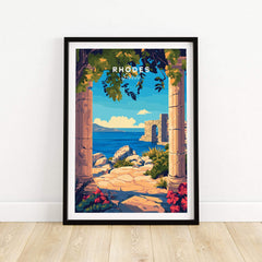 Rhodes Wall Art Print featuring a coastal view with ancient pillars and vibrant colors.