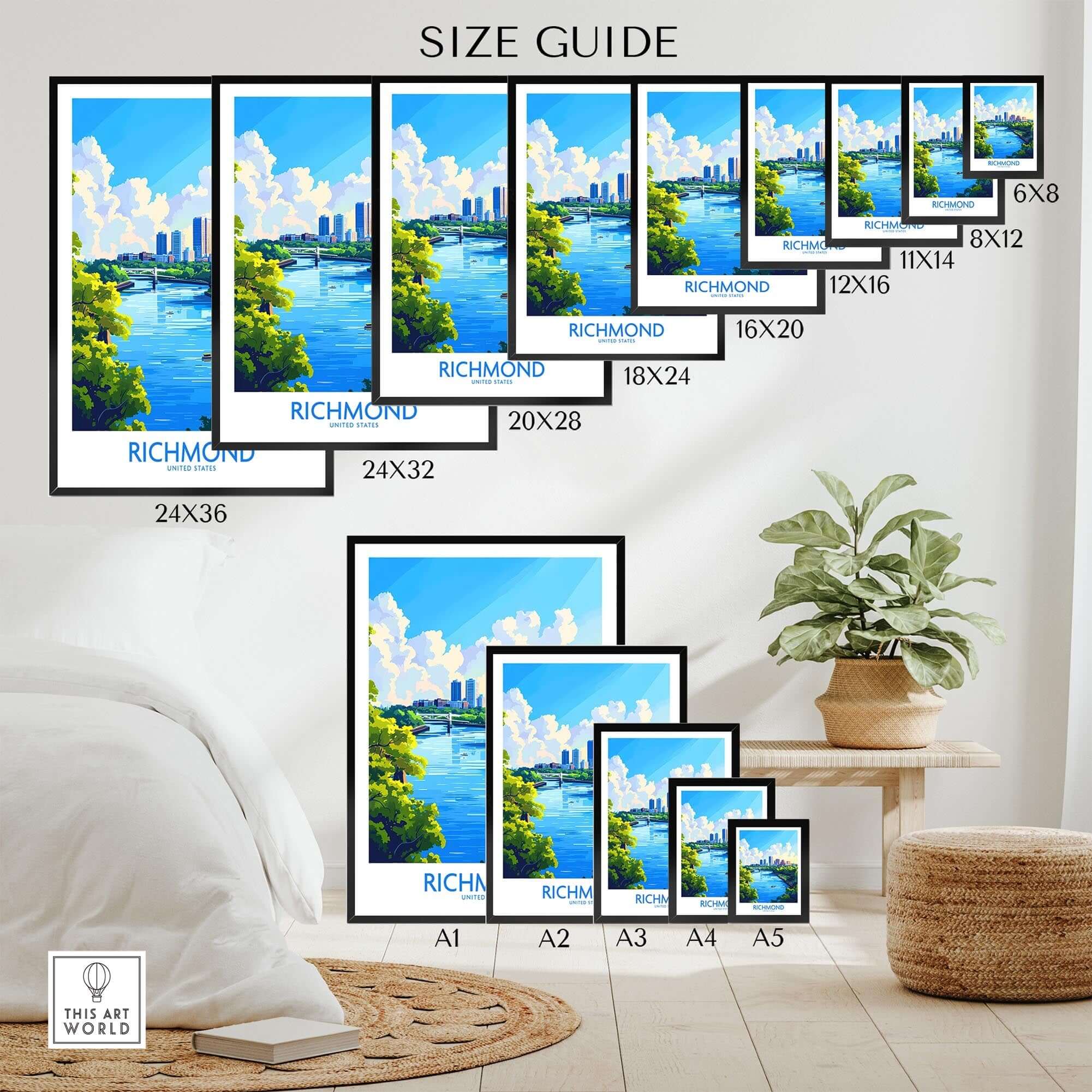 Richmond Virginia Travel Poster size guide showcasing various frame options and dimensions for the artwork.