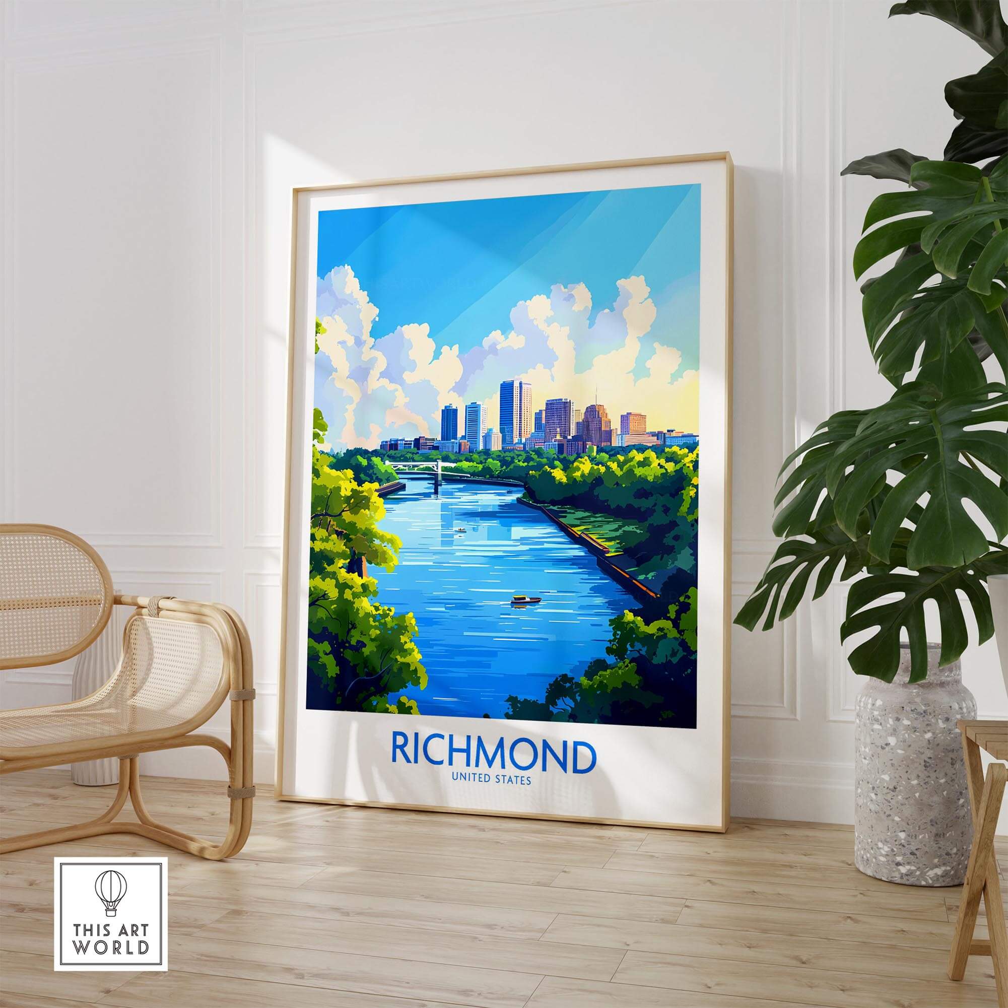 Richmond Virginia Travel Poster showcasing the beautiful skyline and river of Richmond, Virginia in vibrant colors.