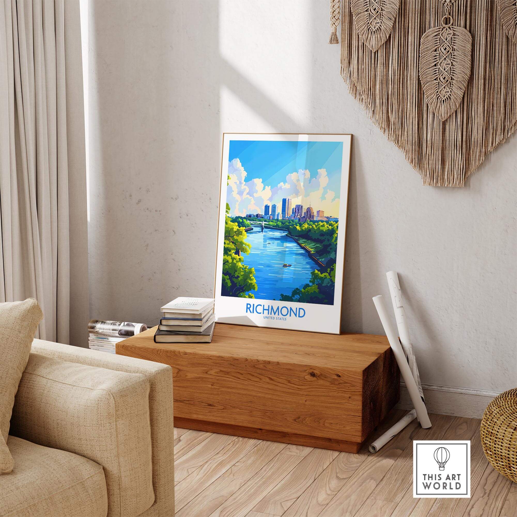 Richmond Virginia Travel Poster showcasing the skyline and river, a perfect decor for art lovers and travelers.