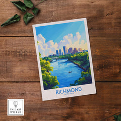Richmond Virginia Travel Poster featuring a scenic view of the city skyline and river on a wooden background.