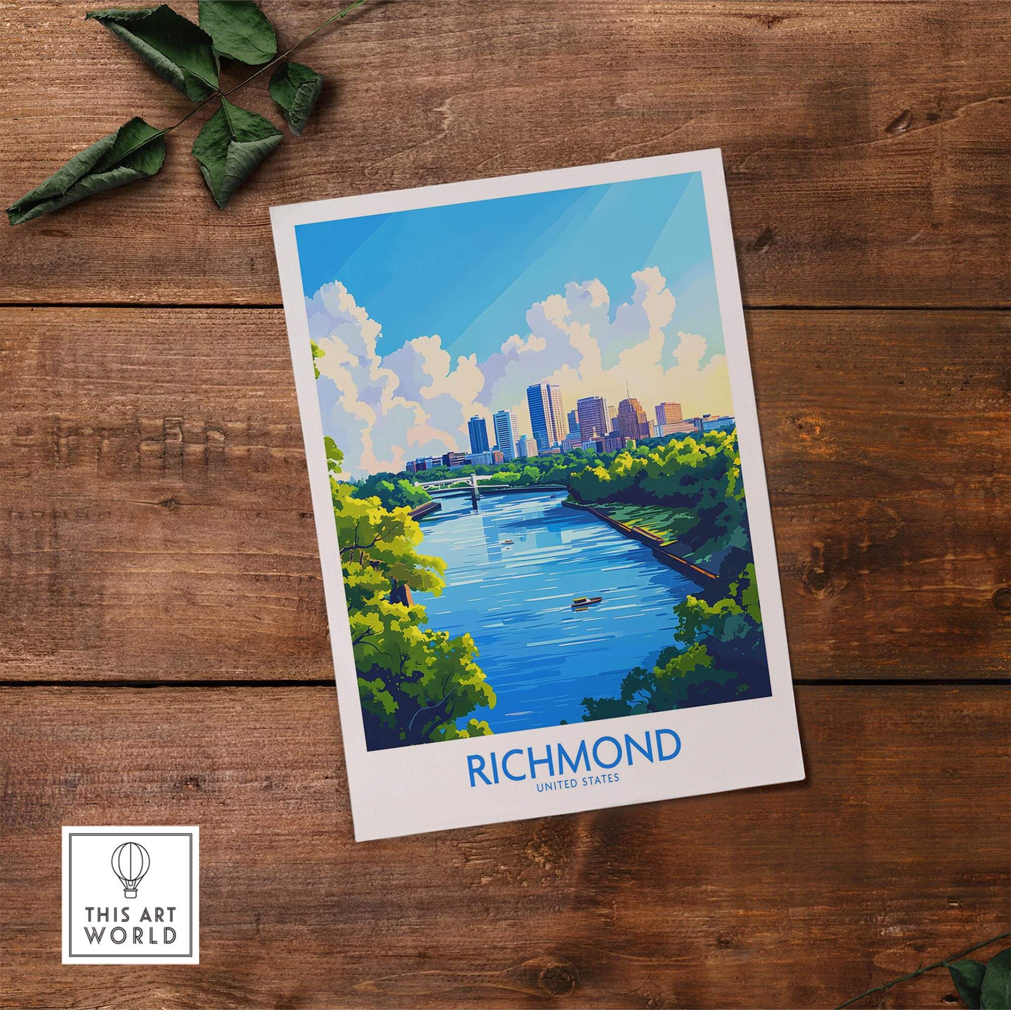 Richmond Virginia Travel Poster featuring a scenic view of the city skyline and river on a wooden background.