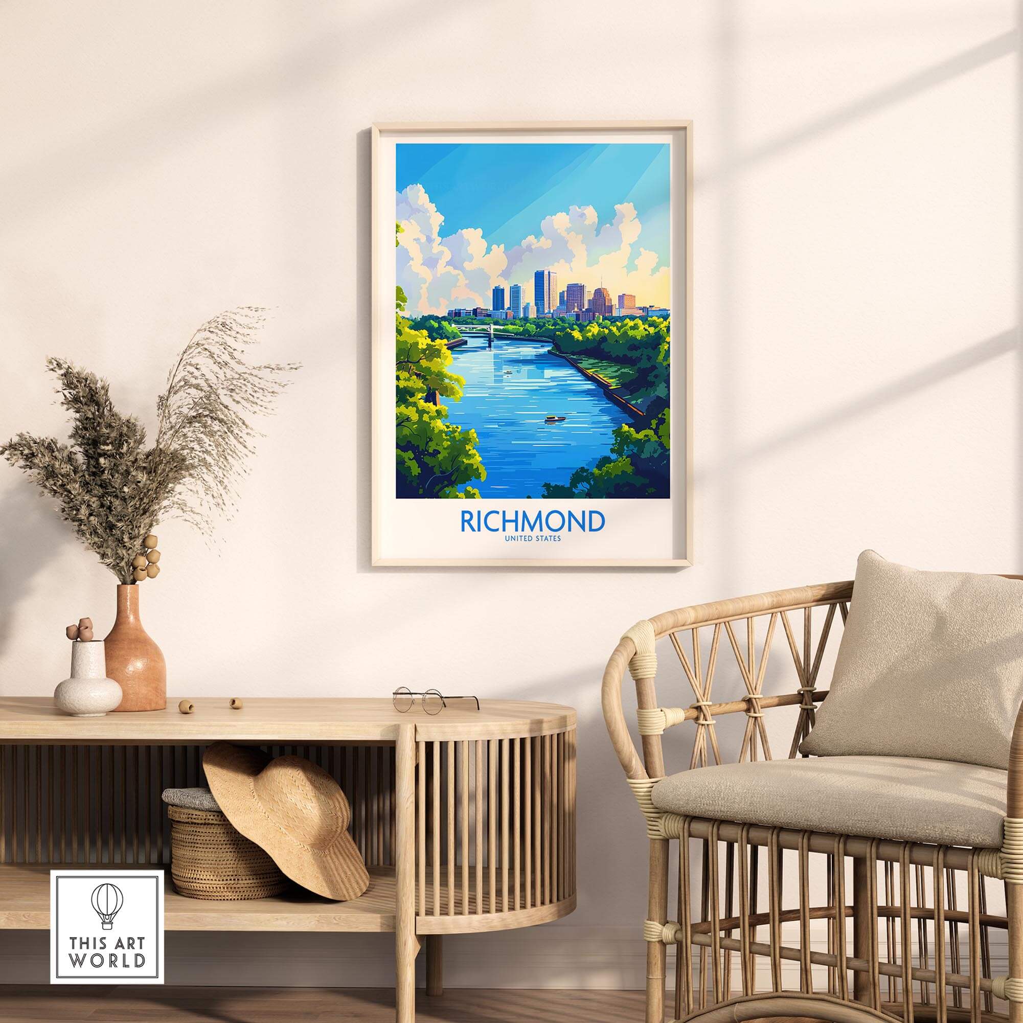 Richmond Virginia Travel Poster showcasing the scenic skyline and river view of Richmond, Virginia in a stylish living room setting.