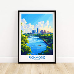 Richmond Virginia Travel Poster showcasing a vibrant urban landscape with a river and city skyline.