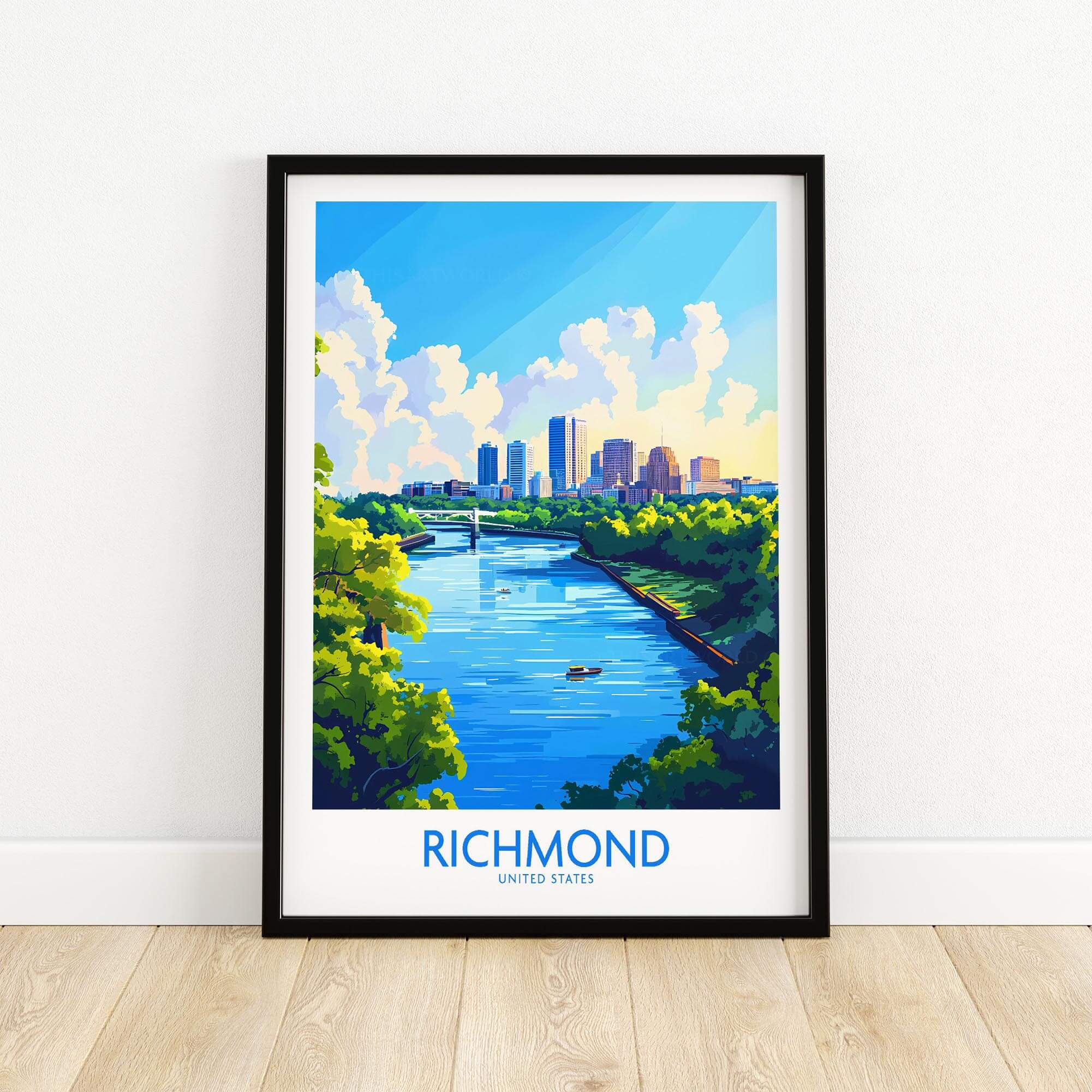 Richmond Virginia Travel Poster showcasing a vibrant urban landscape with a river and city skyline.