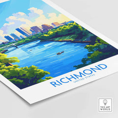 Richmond Virginia Travel Poster showcasing the scenic river and city skyline, perfect for art enthusiasts and travelers.