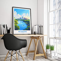 Richmond Virginia Travel Poster displayed in a modern office setting, showcasing the charm of Richmond with vibrant colors.
