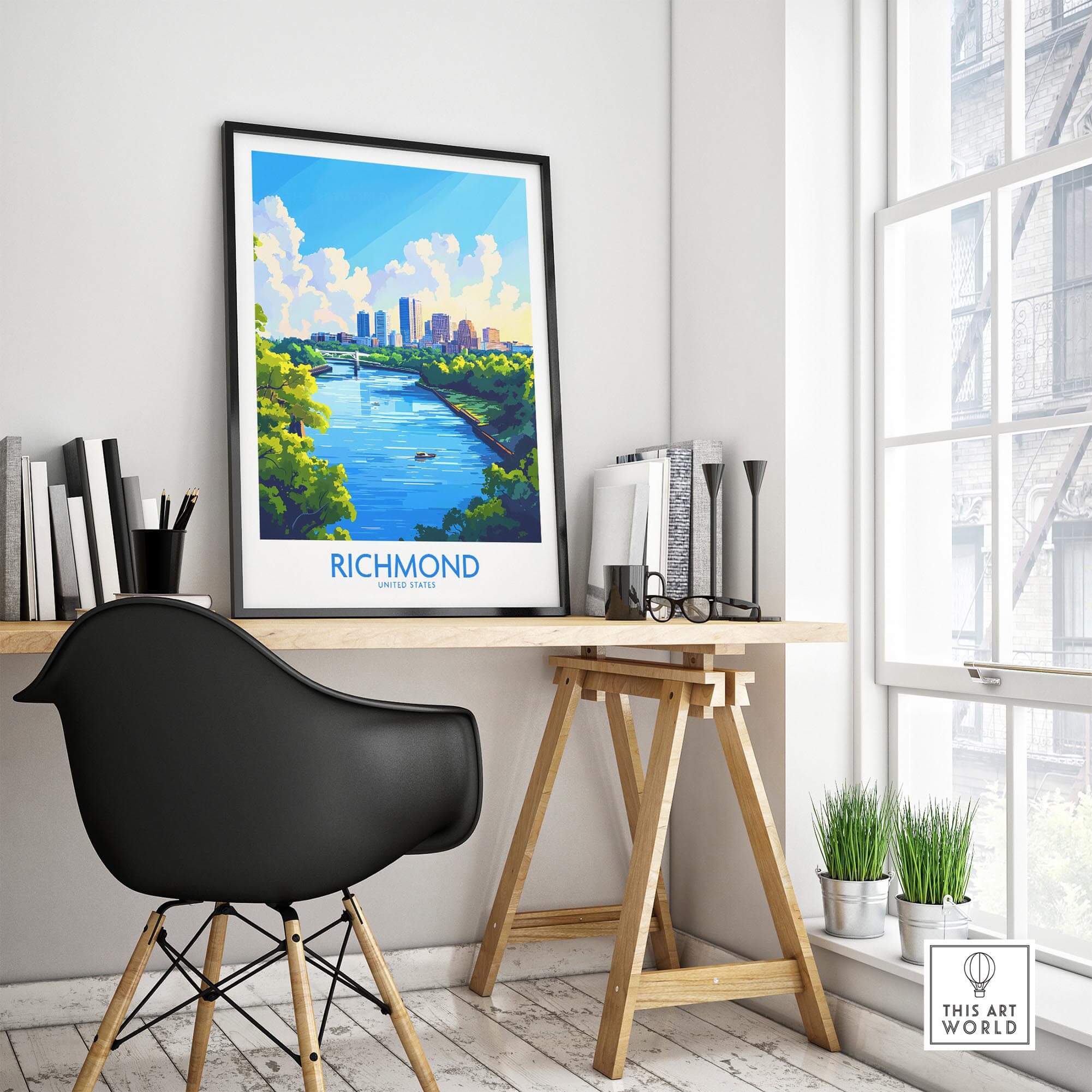 Richmond Virginia Travel Poster displayed in a modern office setting, showcasing the charm of Richmond with vibrant colors.