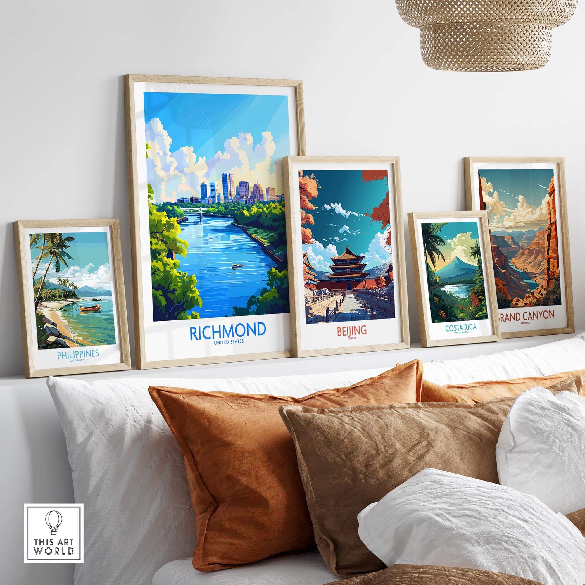 Richmond Virginia Travel Poster displayed among travel posters of various cities on a stylish shelf.