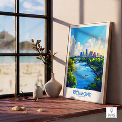 Richmond Virginia Travel Poster displayed on a windowsill with a scenic view of the city and river.