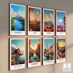 Richmond Virginia Travel Poster featuring vibrant cityscape and iconic landmarks in an artistic display.