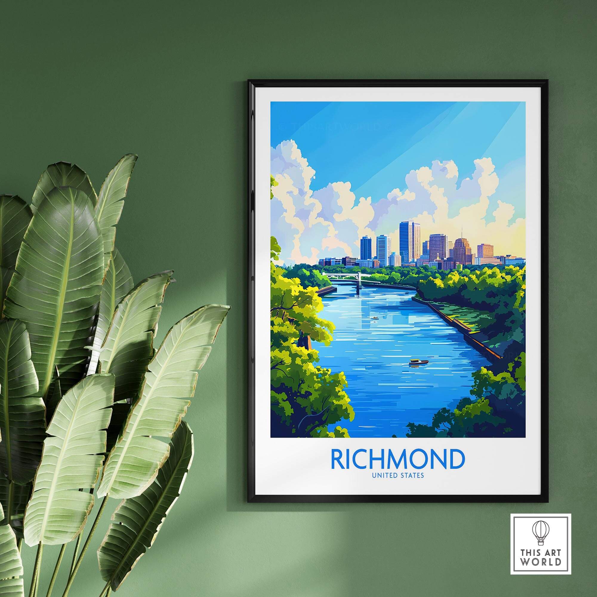 Richmond Virginia Travel Poster showcasing a vibrant river scene and city skyline, perfect for art lovers.