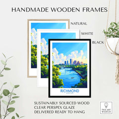 Richmond Virginia Travel Poster displayed in handmade wooden frames in natural, white, and black finishes.