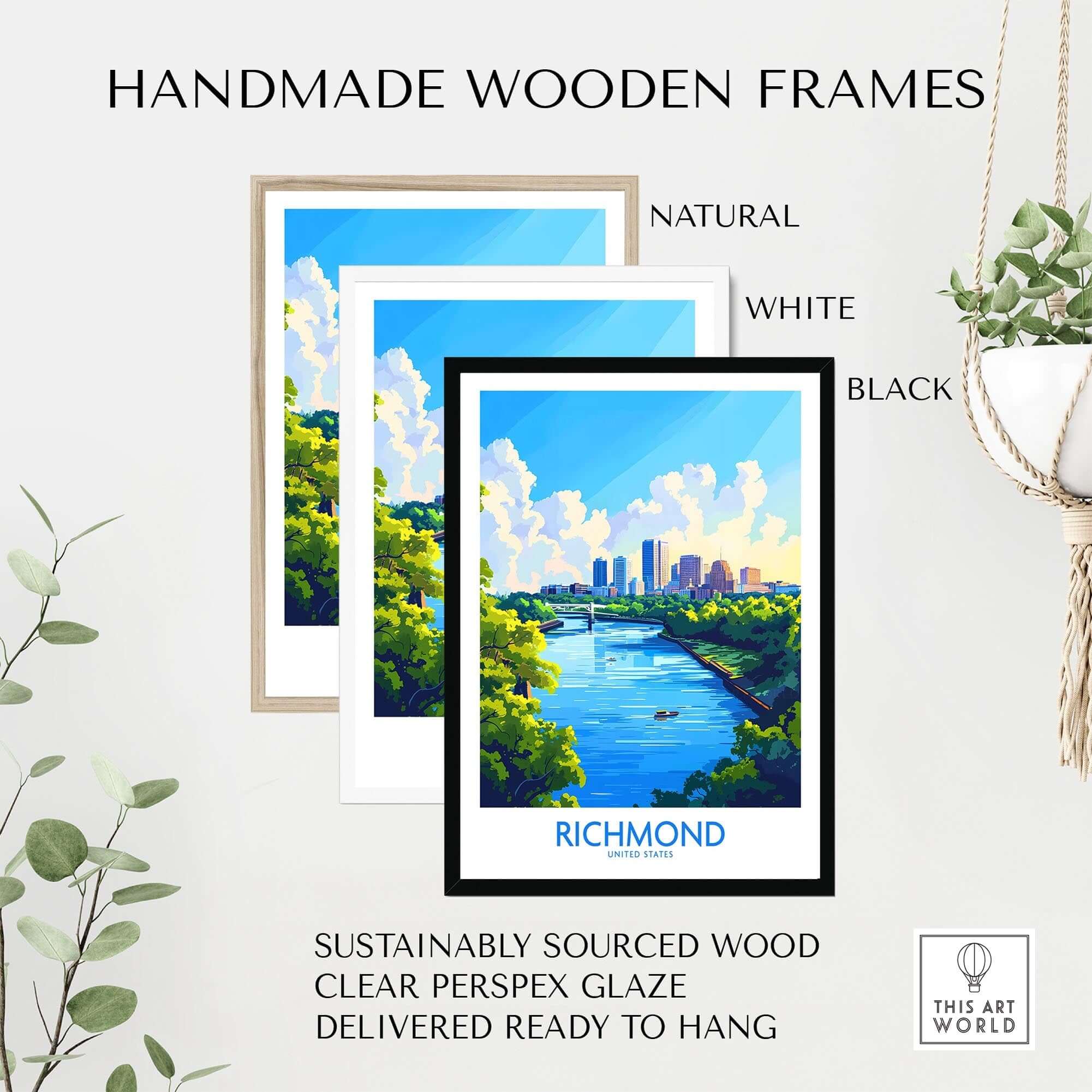Richmond Virginia Travel Poster displayed in handmade wooden frames in natural, white, and black finishes.