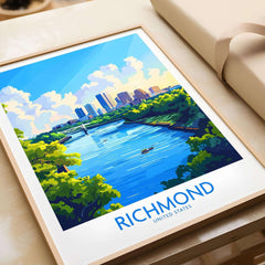 Richmond Virginia Travel Poster showcasing a vibrant cityscape and serene river scene, perfect for art collectors.
