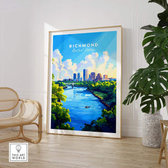 Richmond Virginia Wall Art Print featuring vibrant colors and details of Richmond skyline and riverside.